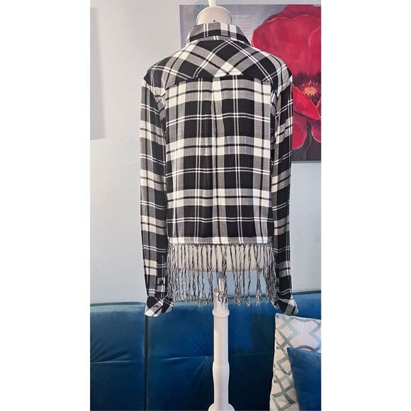 AQUA BLACK PLAID BUTTON DOWN FRINGE TRIM WOMENS SIZE M - Picture 6 of 10